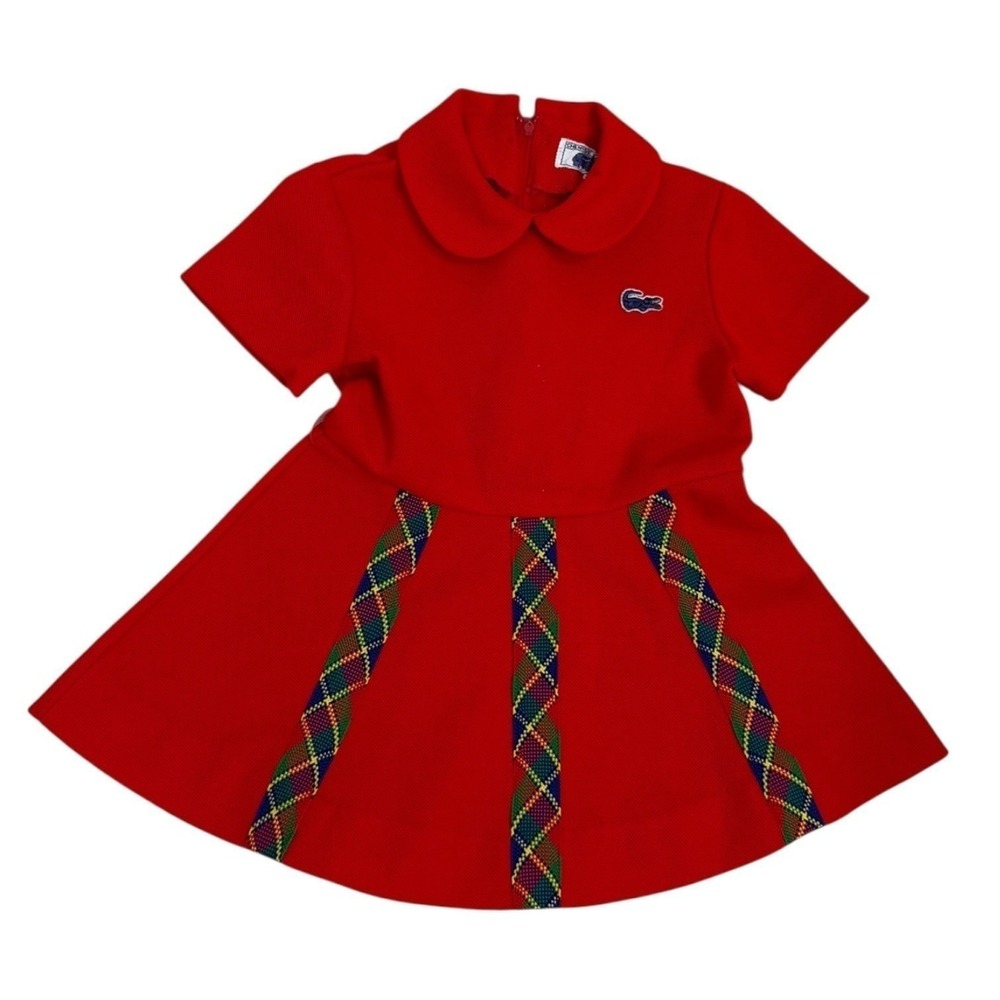 Vintage Lacoste Red Polo Dress Girls Size 4 Pique Plaid Trim